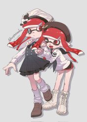 Rule 34 | 2girls, artist name, beret, black shorts, black skirt, boots, brown footwear, brown headwear, commentary, cross-laced footwear, fangs, full body, grey background, grey eyes, hat, heterochromia, highres, inkling, inkling girl, inkling player character, leaning forward, long hair, multiple girls, namazuoku, nintendo, one eye closed, open mouth, parted lips, pleated skirt, pointy ears, red eyes, red hair, red trim, sailor collar, sailor shirt, shirt, shoes, short shorts, shorts, simple background, skirt, smile, splatoon (series), standing, standing on one leg, symbol-only commentary, tentacle hair, white footwear, white headwear, white shirt