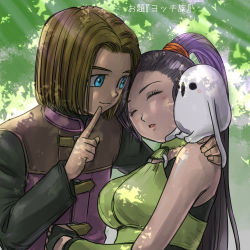 Rule 34 | 1boy, 1girl, black hair, blush stickers, brown hair, choker, closed eyes, dappled sunlight, dragon quest, dragon quest xi, eyelashes, finger to mouth, fingerless gloves, gloves, halterneck, head on another&#039;s shoulder, hero (dq11), high ponytail, highres, index finger raised, light rays, long hair, martina (dq11), open mouth, outdoors, parted bangs, pekuchin (pekuchin 3), scrunchie, short hair, shushing, sleeping, sleeveless, smile, sunlight, translated, tree, upper body, yocchi (dq11)