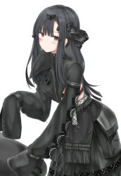 Rule 34 | 1girl, absurdres, black hair, black jacket, black skirt, blush, brown eyes, closed mouth, commentary request, facial mark, girls&#039; frontline, hair ornament, highres, jacket, leaning forward, long hair, long sleeves, looking at viewer, nyto (girls&#039; frontline), adeline (girls&#039; frontline), mercurows (girls&#039; frontline), ru zhai, simple background, skirt, sleeves past fingers, sleeves past wrists, solo, very long hair, white background