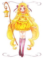 Rule 34 | 1girl, blonde hair, boots, brooch, bubble skirt, choker, circlet, cure muse, cure muse (yellow), earrings, frills, full body, heart, heart brooch, jewelry, knee boots, lantern, long hair, looking at viewer, nene (oneoneo13), precure, purple footwear, red eyes, shirabe ako, simple background, skirt, smile, solo, suite precure, white background, yellow neckwear, yellow skirt
