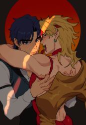Rule 34 | 2boys, absurdres, arm garter, backless dress, backless outfit, birthmark, blonde hair, blue eyes, blue hair, blue vest, blush, closed mouth, commentary, dio brando, dress, earrings, fangs, green lips, highres, honlo, jacket, jacket partially removed, jewelry, joestar birthmark, jojo no kimyou na bouken, jonathan joestar, long hair, looking at viewer, looking back, male focus, mouth hold, multiple boys, possessive, red dress, red eyes, shirt, short hair, undressing another, vampire, vest, white shirt, yaoi