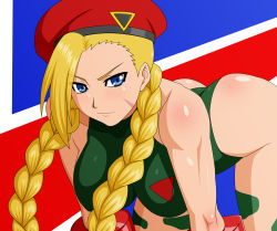 Rule 34 | 1girl, ass, back, beret, blonde hair, blue eyes, braid, breasts, cammy white, capcom, female focus, hat, makani kohitujito, solo, street fighter, twin braids