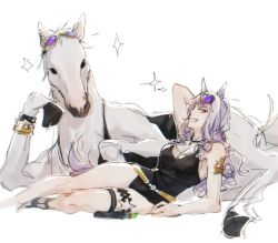 Rule 34 | animal ears, belt, cosplay, creature and personification, gold ship (racehorse), gold ship (run revolt launcher) (umamusume), gold ship (umamusume), gold ship (umamusume) (cosplay), grey hair, highres, holster, horse, horse ears, horse girl, red eyes, simple background, smug, sunglasses, swimsuit, thigh holster, umamusume, wavy hair, white background