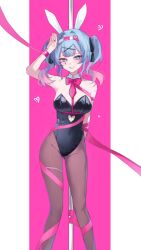 Rule 34 | 1girl, animal ears, arm up, black leotard, blue eyes, blue hair, breasts, chabi, clothing cutout, fake animal ears, hair ornament, hatsune miku, heart, heart-shaped pupils, heart cutout, highres, leotard, looking at viewer, medium breasts, pantyhose, pink ribbon, playboy bunny, rabbit ears, rabbit hole (vocaloid), ribbon, smile, symbol-shaped pupils, teardrop facial mark, thigh strap, twintails, vocaloid, x hair ornament