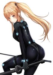 Rule 34 | 1girl, absurdres, alternate costume, ass, black bodysuit, black bow, bodysuit, bow, breasts, brown eyes, brown hair, closed mouth, feet out of frame, gantz, gantz suit, girls&#039; frontline, guchagucha, hair bow, highres, latex, latex bodysuit, long hair, looking at viewer, looking back, medium breasts, neon lights, scar, scar across eye, scar on face, skin tight, smile, solo, standing, twintails, ump9 (girls&#039; frontline), white background