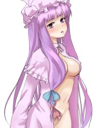 Rule 34 | 1girl, :p, blush, bow, breasts, capelet, covered erect nipples, female focus, groin, hair bow, hat, ket-c, long hair, medium breasts, navel, open clothes, open robe, patchouli knowledge, pink bow, purple eyes, purple hair, robe, simple background, solo, tongue, tongue out, touhou