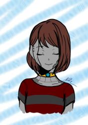 Rule 34 | 1girl, android, brown hair, collar, colored skin, closed eyes, frisk (undertale), grey skin, joints, red shirt, robot, robot joints, screw, shirt, signature, smile, solo, striped, striped background, undertale