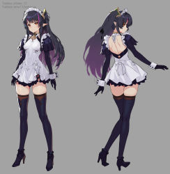 Rule 34 | 1girl, back, black hair, breasts, brown eyes, commentary request, dress, earrings, elbow gloves, expressionless, fanbox username, from behind, gloves, grey background, hair ornament, high heels, highres, jewelry, long hair, looking back, maid, maid headdress, medium breasts, multicolored hair, multiple views, original, pointy ears, profile, purple gloves, siino, simple background, skin tight, skindentation, sleeveless, sleeveless dress, streaked hair, thighhighs, twitter username, two side up, white dress, wrist cuffs