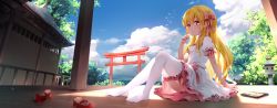Rule 34 | 1girl, :t, absurdres, animal, bird, blonde hair, blue sky, blush, bow, building, chen bin, cloud, day, eating, food, food on face, full body, hair between eyes, hair bow, hand up, highres, holding foot, keisenko, long hair, looking at viewer, mary janes, no shoes, original, outdoors, pantyhose, pink bow, pink skirt, plate, puffy short sleeves, puffy sleeves, red eyes, red footwear, ribbon-trimmed sleeves, ribbon trim, shade, shirt, shoes, unworn shoes, short sleeves, sidelocks, sitting, skirt, sky, solo, stone lantern, summer, thighhighs, torii, very long hair, wavy hair, white pantyhose, white shirt, white thighhighs, wooden floor