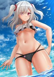 Rule 34 | &gt;:(, 1girl, animal, bare arms, bare shoulders, bikini, bird, black bikini, blush, breasts, closed mouth, commentary, day, eyes visible through hair, gluteal fold, grey hair, groin, hair ornament, hair over one eye, hair scrunchie, hand on own hip, highres, kazenokaze, komagome azuzu, light frown, looking at viewer, medium breasts, multi-strapped bikini, navel, outdoors, red eyes, red scrunchie, scrunchie, senyoku no sigrdrifa, solo, standing, swimsuit, two side up, underboob, water, wet