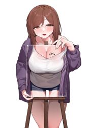 Rule 34 | 1girl, :d, black shorts, blush, body writing, breasts, brown eyes, brown hair, canvas (object), cleavage, collarbone, commission, jacket, jewelry, large breasts, long hair, long sleeves, looking at viewer, off shoulder, open clothes, open jacket, open mouth, original, pixiv commission, purple jacket, ring, sangobob, shirt, short shorts, shorts, simple background, single bare shoulder, smile, solo, swept bangs, tank top, thigh gap, translation request, white background, white shirt
