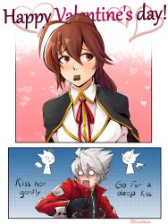 Rule 34 | 1boy, 1girl, ahoge, angel and devil, antenna hair, averting eyes, blazblue, blush, candy, celica a. mercury, chocolate, chocolate heart, food, hair ribbon, heart, highres, imminent kiss, md5 mismatch, ponytail, ragna the bloodedge, ribbon, shy, valentine, white hair, wide-eyed