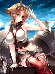 Rule 34 | 10s, 1girl, amane ruri, arm support, blush, breasts, cloud, gloves, green eyes, headgear, horizon, kantai collection, large breasts, looking at viewer, machinery, midriff, mutsu (kancolle), navel, ocean, red thighhighs, short hair, sitting, skirt, sky, solo, thighhighs, white gloves