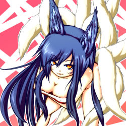 Rule 34 | 1girl, ahri (league of legends), animal ears, bare shoulders, bent over, black hair, breasts, cleavage, facial mark, fox ears, fox tail, kazudon398, league of legends, leaning forward, long hair, multiple tails, smile, solo, tail, whisker markings, yellow eyes