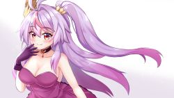 Rule 34 | azur lane, breasts, choker, cleavage, crown, dress, fj hatsu, gloves, grenville (azur lane), highres, large breasts, long hair, mini crown, no nose, purple dress, purple hair, red eyes, side ponytail, simple background, smile, solo, strapless, strapless dress