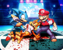 Rule 34 | 3boys, blood, boxing ring, broken tooth, bubsy, bubsy (character), crossover, epic, facial hair, furry, furry male, genzoman, gloves, hat, image sample, injury, male focus, mario, mario (series), mascot, multiple boys, multiple crossover, mustache, nintendo, overalls, punching, sega, shirt, shirt grab, shoes, signature, sleeve rolled up, sneakers, sonic (series), sonic the hedgehog, super mario bros. 1, super smash bros., t-shirt, white gloves