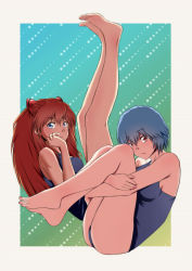 Rule 34 | 2girls, abstract background, artist request, ayanami rei, barefoot, blue eyes, blue hair, blue one-piece swimsuit, closed mouth, feet, full body, highres, hugging own legs, legs up, long hair, looking at viewer, multiple girls, nail polish, neon genesis evangelion, one-piece swimsuit, red eyes, red hair, red nails, school swimsuit, short hair, souryuu asuka langley, swimsuit, toenail polish, toenails, yamauchi (conan-comy)