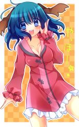 Rule 34 | 1girl, :d, animal ears, blue eyes, blue hair, blush, border, breasts, checkered background, cleavage, collarbone, cowboy shot, dress, dutch angle, frilled dress, frills, highres, kasodani kyouko, kujou mikuru, long sleeves, looking at viewer, matching hair/eyes, open mouth, red dress, smile, solo, star (symbol), touhou, white border