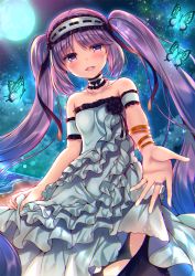 Rule 34 | 1girl, :d, animal, bare shoulders, black flower, black rose, blush, breasts, bug, butterfly, choker, collarbone, commentary request, dress, fate/hollow ataraxia, fate (series), flower, frilled choker, frilled hairband, frills, from below, full moon, hair between eyes, hairband, highres, insect, jewelry, looking at viewer, looking down, moon, necklace, night, night sky, open mouth, outdoors, outstretched arm, pearl necklace, pixiv fate/grand order contest 2, purple eyes, purple hair, ribbon-trimmed choker, ribbon-trimmed hairband, ribbon trim, ring, rose, sidelocks, sky, small breasts, smile, solo, star (sky), starry sky, stheno (fate), strapless, strapless dress, suzunone rena, teeth, twintails, upper teeth only, white choker, white dress, white hairband