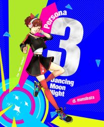 Rule 34 | 1girl, alternate universe, asymmetrical legwear, bow, copyright name, finger gun, full body, hair bow, headphones, looking at viewer, mismatched legwear, numibata, one eye closed, parted lips, persona, persona 3, persona 3: dancing moon night, persona 3 portable, persona dancing, persona dancing night, pointing, pointing at viewer, ponytail, red eyes, shiomi kotone, shoes, skirt, smile, sneakers, sparkle, twitter username, uneven legwear