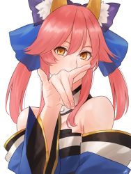 Rule 34 | 10s, 1girl, amino (tn7135), animal ears, bad id, bad pixiv id, bare shoulders, bow, detached sleeves, fate/extra, fate (series), fox ears, fox shadow puppet, hair bow, japanese clothes, pink hair, solo, tamamo (fate), tamamo no mae (fate/extra), twintails, upper body, yellow eyes