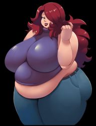 Rule 34 | 1girl, belly, belly peek, blue eyes, breasts, denim, eikasianspire, fat, hair over one eye, highres, huge breasts, long hair, muffin top, obese, red hair, solo, thick thighs, thighs
