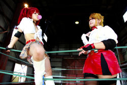 Rule 34 | 2girls, arena, blonde hair, boxing ring, breasts, candy cane (rumble roses), candy cane (rumble roses) (cosplay), chouzuki maryou, cleavage, cosplay, fingerless gloves, glasses, gloves, large breasts, miss spencer, miss spencer (cosplay), multiple girls, photo (medium), red hair, rumble roses, rumble roses xx, suzuka itsuki
