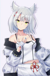 Rule 34 | 1girl, absurdres, animal ears, camisole, cat ears, cat girl, chest jewel, highres, jacket, latte, mio (xenoblade), shoulder strap, simple background, solo, tank top, white background, white camisole, white jacket, white tank top, xenoblade chronicles (series), xenoblade chronicles 3