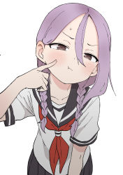 Rule 34 | 1girl, :t, black sailor collar, black skirt, blush, braid, brown eyes, closed mouth, commentary request, finger to cheek, hair between eyes, hair over shoulder, highres, long hair, looking at viewer, low twintails, neckerchief, parted bangs, pleated skirt, purple hair, red neckerchief, sailor collar, shirt, short sleeves, simple background, skirt, solo, soredemo ayumu wa yosetekuru, sweat, twin braids, twintails, white background, white shirt, yamamoto souichirou, yaotome urushi