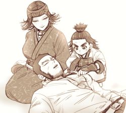 Rule 34 | 10s, 1girl, 2boys, ainu, ainu clothes, bandana, beard, belt, breasts, chest hair, child, cikapasi, closed eyes, collared shirt, earrings, facial hair, facial tattoo, fingerless gloves, gloves, golden kamuy, hoop earrings, inkarmat, japanese clothes, jewelry, kaeru (8593883), kimono, lap pillow, large breasts, long sideburns, looking at another, lying, monochrome, multiple boys, on back, pants, seiza, sepia, shirt, short hair, sideburns, simple background, sitting, sleeping, smile, spiked hair, squatting, stubble, tanigaki genjirou, tattoo, thick eyebrows, topknot, unbuttoned, unbuttoned shirt, white background