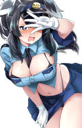 Rule 34 | 1girl, absurdres, alternate breast size, alternate costume, between breasts, black hair, blue archive, blue skirt, blush, breasts, cleavage, cleavage cutout, clothes pull, clothing cutout, covering face, cowboy shot, crop top, elbow gloves, embarrassed, gloves, hair between eyes, hibiki (blue archive), highleg, highleg panties, highres, large breasts, long hair, looking at viewer, microskirt, navel, necktie, necktie between breasts, open mouth, panties, panty peek, pleated skirt, police, police uniform, policewoman, revealing clothes, shirt, short sleeves, simple background, skirt, skirt pull, solo, standing, stomach, string panties, sweat, thighs, underwear, uniform, white background, white gloves, zea lark