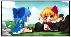 Rule 34 | &gt;:d, 2girls, :/, :d, aged down, ahoge, blonde hair, bloomers, blue eyes, blue hair, blue sky, bobby socks, border, bow, cirno, cloud, darkness, day, dress, eye contact, grass, gyamo, hair bow, hair ribbon, long sleeves, looking at another, mary janes, multiple girls, on one knee, open mouth, outstretched arms, ribbon, rock, rumia, shoes, short sleeves, sideways mouth, sitting, skirt, skirt set, sky, smile, smoke, socks, spread arms, thighs, touhou, tsurime, underwear, v-shaped eyebrows, wings
