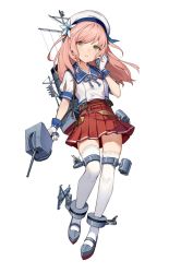 Rule 34 | 1girl, beret, closed mouth, depth charge, flower, gloves, hair flower, hair ornament, hat, highres, holding, kantai collection, long hair, pink hair, pleated skirt, red skirt, rigging, sailor collar, school uniform, serafuku, short sleeves, simple background, skirt, solo, thighhighs, white background, white gloves, white hat, white thighhighs, yamano (yamanoh), yashiro (kancolle), yellow eyes