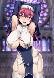 Rule 34 | 1girl, :d, absurdres, armpits, arms up, breasts, commentary, english commentary, garter belt, habit, heterochromia, highres, hololive, houshou marine, houshou marine (nun), huge breasts, nun, open mouth, pelvic curtain, red eyes, red hair, smile, solo, thighhighs, virtual youtuber, white garter belt, white thighhighs, xkit, yellow eyes
