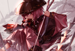Rule 34 | 1girl, absurdres, black hat, bowl, bowl hat, commentary request, from side, grey background, hat, highres, japanese clothes, kimono, needle sword, purple eyes, purple hair, red kimono, scarf, short hair, signature, solo, sukuna shinmyoumaru, top-exerou, touhou