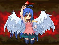 Rule 34 | 1girl, ahoge, angel wings, azuki akizuki, blue hair, havemoon, long hair, magic, red eyes, smile, solo, thighhighs, wings, zettai ryouiki