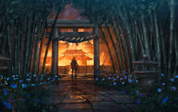 Rule 34 | architecture, artist name, bamboo, bamboo forest, blue flower, burning, castle, commentary, east asian architecture, facing away, fire, flower, forest, from behind, highres, holding, holding sword, holding weapon, katana, long sleeves, nature, night, outdoors, plant, rain, rajawat, scenery, sekiro, sekiro: shadows die twice, short hair, solo, standing, sword, topknot, torii, weapon, wide shot