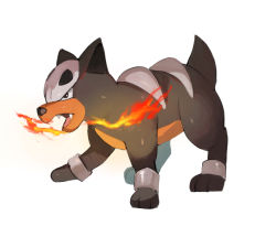 Rule 34 | animal focus, black eyes, breath weapon, breathing fire, creatures (company), cuffs, fangs, fire, from side, full body, game freak, gen 2 pokemon, horezai, houndour, nintendo, no humans, open mouth, pokemon, pokemon (creature), shackles, simple background, solo, standing, white background