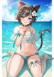 Rule 34 | 1girl, abandon ranka, animal ear fluff, animal ears, bare legs, bare shoulders, barefoot, bell, bikini, black choker, blue bikini, blue bow, blue eyes, blue hair, blue sky, blush, bow, breasts, brown hair, cat ears, cat girl, cat tail, choker, cloud, collarbone, commentary request, commission, day, groin, halterneck, head tilt, highres, horizon, jingle bell, looking at viewer, medium breasts, multicolored hair, navel, ocean, original, outdoors, rainbow, see-through, shallow water, signature, sitting, sky, solo, streaked hair, swimsuit, tail, tail bell, tail bow, tail ornament, thick thighs, thighs, twitter username, wariza, water, watermark