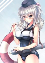 Rule 34 | 10s, 1girl, beret, black eyes, blush, breasts, cosplay, hat, highres, holding, innertube, kantai collection, kashima (kancolle), large breasts, long hair, looking at viewer, one-piece swimsuit, ro-500 (kancolle), ro-500 (kancolle) (cosplay), sailor collar, silver hair, sleeveless, solo, swim ring, swimsuit, tenchou no matsumoto, torpedo, tsurime, twintails, wavy hair