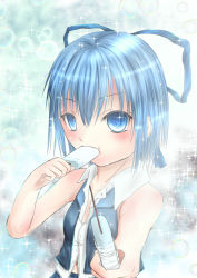 Rule 34 | 1girl, alternate costume, alternate headwear, bare arms, blue eyes, blue hair, bubble, cirno, eating, food, food in mouth, giving, gradient background, hair ribbon, highres, looking at viewer, matching hair/eyes, navel, p-yama, popsicle, ribbon, shirt, short hair, sleeveless, sleeveless shirt, solo, sparkle, touhou, upper body