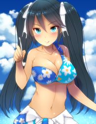 Rule 34 | 10s, 1girl, :q, bare shoulders, bikini, bikini skirt, black hair, blue bikini, blue eyes, blue sky, breasts, cleavage, cloud, collarbone, day, floral print, food, hair ribbon, highres, holding, ice cream, isuzu (kancolle), kantai collection, kiyomin, large breasts, long hair, looking at viewer, navel, ribbon, single-shoulder bikini, single strap, sky, solo, spoon, stomach, swimsuit, tongue, tongue out, tsurime, twintails, upper body, very long hair, white ribbon