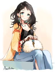 Rule 34 | 1girl, ancotaku, artist name, bag, black hair, blush, breasts, camisole, casual, cleavage, closed mouth, collarbone, commentary request, denim, earrings, eyeliner, feet out of frame, gradient background, green eyes, hair ornament, hairclip, handbag, jacket, jeans, jewelry, light frown, long hair, makeup, medium breasts, necklace, original, pants, parted lips, pendant, pink background, pink lips, signature, sitting, solo, strap gap, wristband, yellow jacket