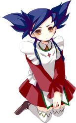 Rule 34 | 00s, 1girl, blue hair, brown eyes, dress, full body, garderobe uniform, kneeling, long sleeves, looking at viewer, my-otome, nina wang, own hands together, red dress, simple background, solo, swept bangs, thighhighs, twintails, v arms, white background, white thighhighs, yakisake, zettai ryouiki