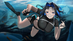 Rule 34 | 1girl, absurdres, black hair, black shirt, black shorts, black wetsuit, blue eyes, blue hair, blush, bodysuit, breasts, bubble, chest belt, diving, diving suit, fish, flippers, goggles, gradient hair, grey headband, grin, hair intakes, headband, highres, hip vent, holding, hololive, hololive english, large breasts, looking at viewer, midorimae, multicolored hair, ouro kronii, rebreather, revealing clothes, scuba, scuba gear, shirt, short hair, short sleeves, shorts, shrimp, smile, solo, stomach, thighs, underwater, virtual youtuber, water, wetsuit