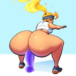 Rule 34 | 1girl, ass, ass focus, back, blue eyes, blush, bottomless, crop top, dark-skinned female, dark skin, dildo, exercising, fire, fire hair, full body, headband, highres, huge ass, long hair, looking at viewer, looking back, lovetopullmicke, nintendo, object insertion, pointy ears, ponytail, pussy juice, ring fit adventure, ring fit trainee, ring fit trainee (female), sex toy, shirt, shoes, sleeveless, sneakers, squatting, standing, sweat, thick thighs, thighs, vaginal, vaginal object insertion, white shirt