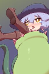 Rule 34 | 1girl, blush, boots, elementar, hat, highres, open mouth, plant, purple hair, saliva, tears, tongue, tongue out, vore, warpjizou4, witch hat, yellow eyes