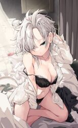 Rule 34 | 1girl, black bra, black panties, blue eyes, bra, breasts, cleavage, closed mouth, commentary request, full body, grey hair, hira-san, indoors, izayoi sakuya, large breasts, looking at viewer, messy hair, navel, on bed, open clothes, open shirt, panties, shirt, short hair, solo, touhou, underwear, white shirt