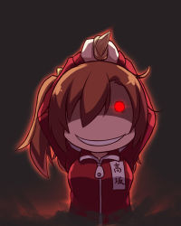 Rule 34 | 10s, 1girl, brown hair, crazy smile, dark background, glowing, glowing eye, hair over one eye, holding, holding knife, knife, kosaka honoka, langbazi, long sleeves, love live!, love live! school idol project, name tag, one side up, red eyes, shaded face, short hair, side ponytail, smile, solo, track suit, upper body, weapon, yandere