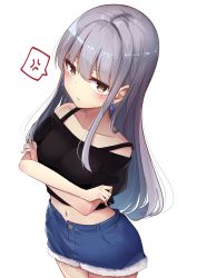 Rule 34 | 1girl, absurdres, anger vein, bang dream!, black shirt, blue shorts, bra strap, breasts, brown eyes, closed mouth, collarbone, cowboy shot, crop top, crossed arms, denim, denim shorts, earrings, from above, frown, fur trim, grey hair, highres, jewelry, long hair, looking at viewer, looking up, medium breasts, midriff, minato yu, minato yukina, navel, off-shoulder shirt, off shoulder, open fly, shirt, short shorts, short sleeves, shorts, sidelocks, simple background, solo, speech bubble, spoken anger vein, white background